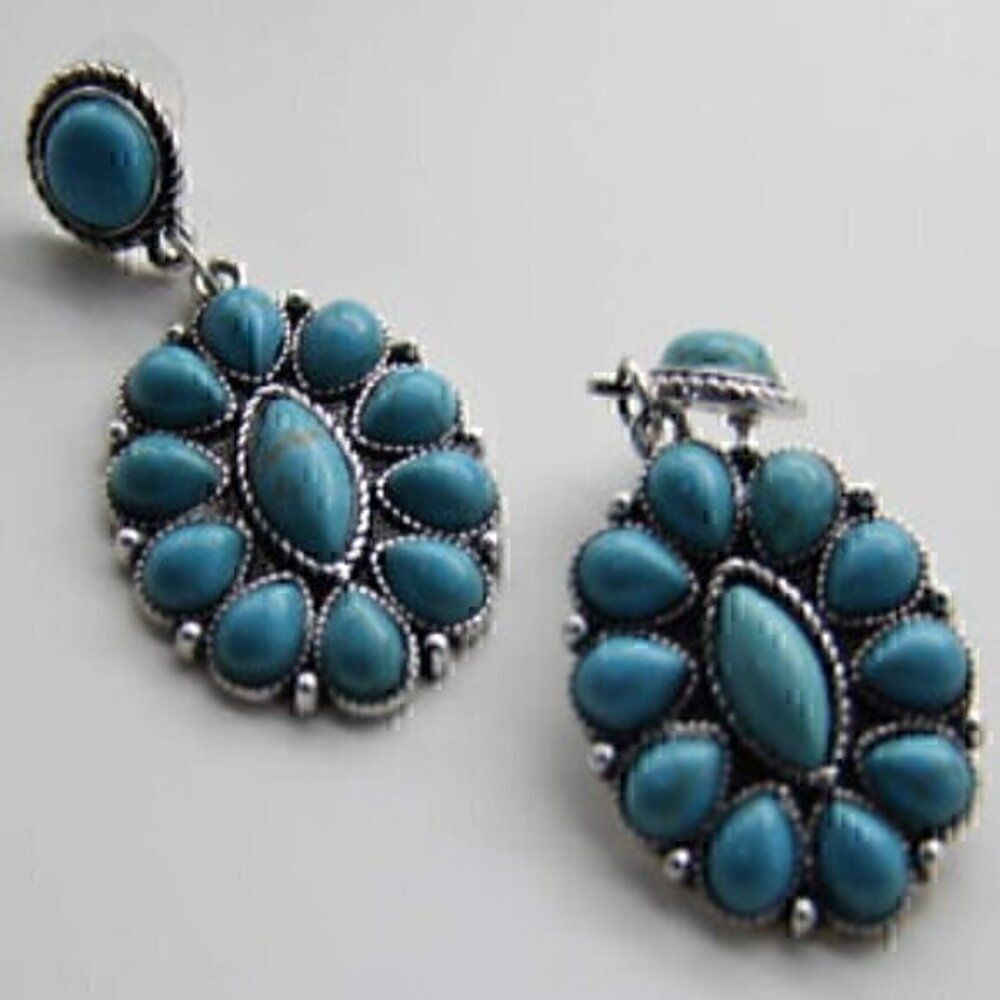 Turquoiuse Dangle Flower Dangle Drop Oval Silver Plated Earrings